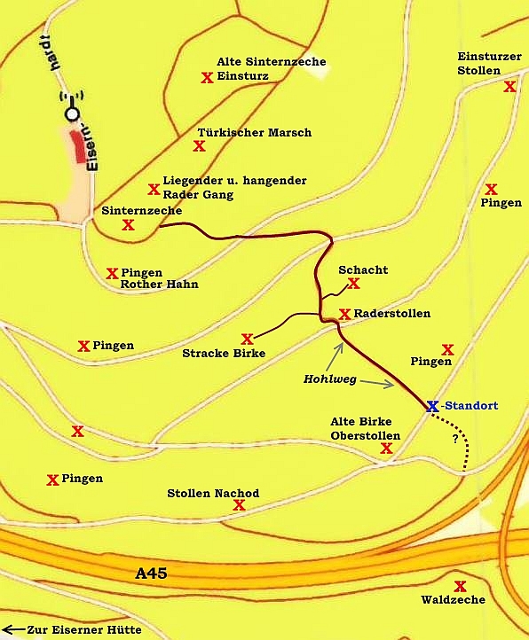 Karte der Eisernhardt mit eingezeichneten Hohlwegen